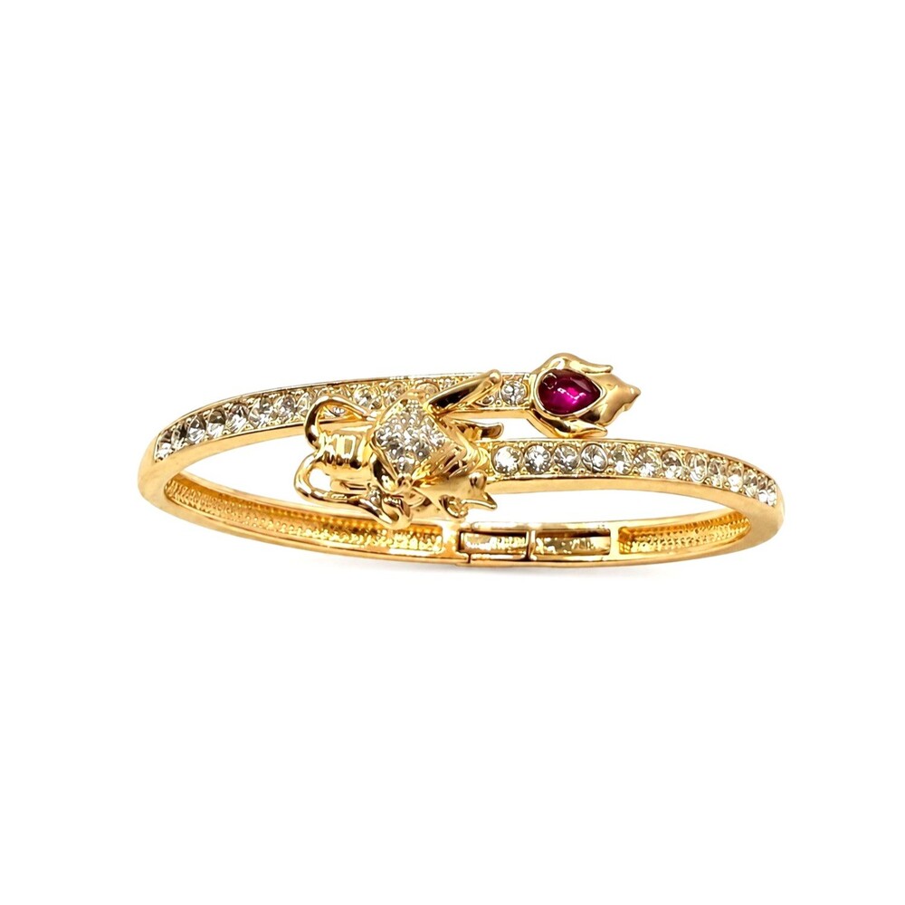 Gold Dragon Hinged Bangle Bracelet Red Crystal Rhinestone Statement NEW - Picture 3 of 14